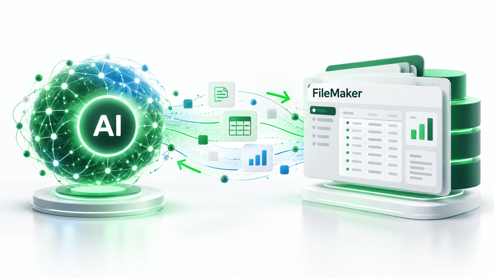 AI network exchanging documents, records, and insights with a FileMaker business application.